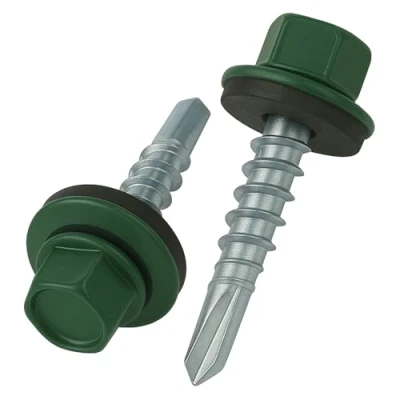 Image de 4.8 mm x 35 vis de toiture, tête hexagonale autoperceuse colorée (RAL 6005 Vert mousse) toit avec rondelle scellée en EPDM, à gros filets trempés zingués antirouille (50 pièces)