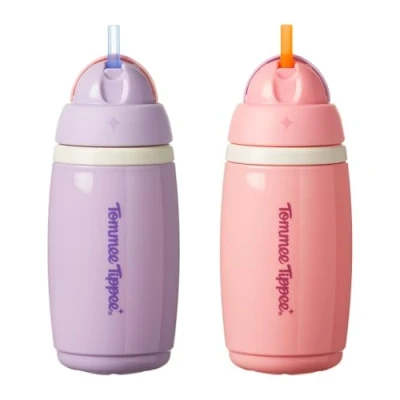 Image de Tommee Tippee tasse Active Straw isotherme, 266 ml, Gourde anti fuite pour nourrissons à partir de 12 mois, le couvercle articulé permet garder la paille propre, Rose et Violet, lot 2