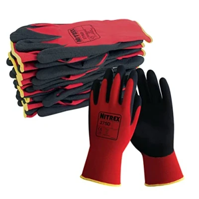 Image de NITREX Unigloves 275D Gants de manutention réutilisables avec revêtement en mousse latex et doublure légère sans couture, rouge/noir