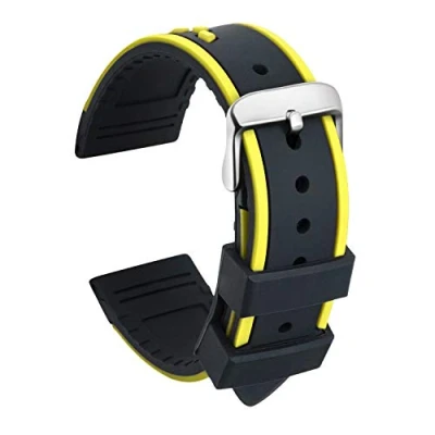 Image de ULLCHRO Bracelet Montre Remplacer Silicone Bicolore 20, 22, 24mm Caoutchouc avec Acier Inoxydable Boucle (22mm, Noir et Jaune)