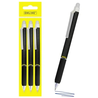 Image de Online 3x stylo roller gel effaçable Noir, à bille encre bleu magiXX Design, partie soft grip, rechargeable, ideal pour enfants et l&#039;école, pointe moyenne