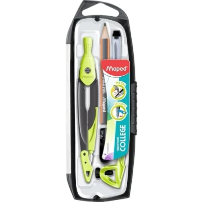 Image de Maped Coffret 5 pièces 1 Compas Métal Open Mine + Bague Universelle Crayon Taille Mines Etui Accessoires Interchangeables Pour Collège Vert