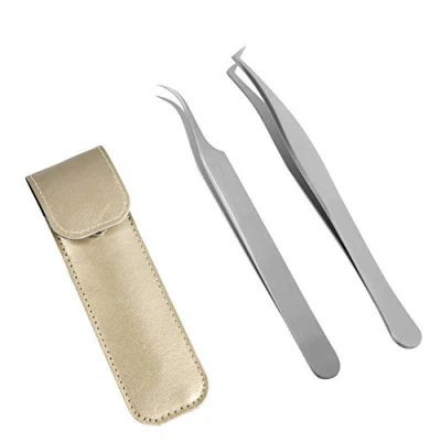 Image de Lunamoon Pince Extension cils à épiler pour bouts Pointus droit et courbé Nipper 2pcs Professionnel en acier inoxydable Brucelles de précision Set (tweezers set03)