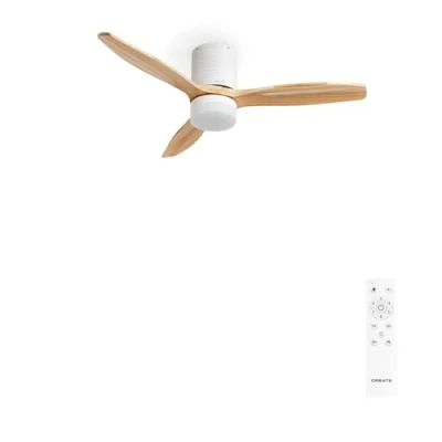 Image de CREATE / WINDCALM LINE/Ventilateur de plafond blanc avec lumière télécommande, pales bois naturel lignes horizontales 40W, Ø132 cm, 3 températures lumière, minuterie, fonction été hiver