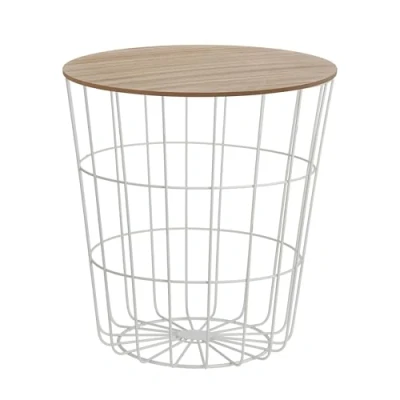 Image de table d’appoint design constituée d’un panier en métal avec couvercle bois, basse de rangement