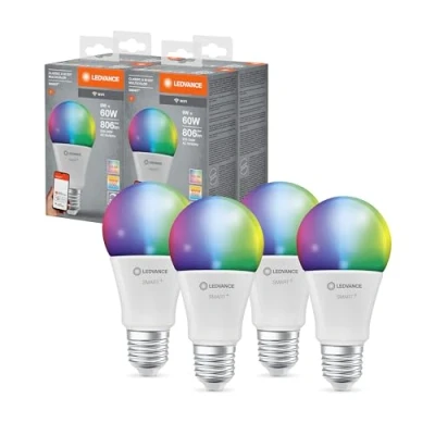 Image de LEDVANCE SMART+ WIFI LED lamp, white frosted look, 9W, 806lm, classic bulb shape with E27 base, color light and light, app or voice control, life of up to 20,000 HR, paquete de 4, (4058075778450)