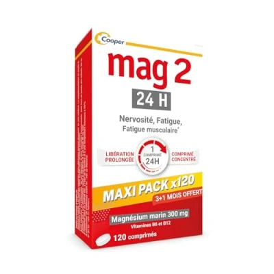 Image de MAG 2 24H Maxi Pack Promo 4 mois anti nervosité et fatigue 3+1 offert 120 comprimés