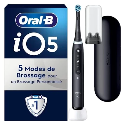 Image de Oral B iO 5N Brosse À Dents Électrique Noire, Un Capteur Signalant Le Pression Pour Protéger Les Gencives Et Sensibles, Des Accessoires, 1 Brossette Douce, Chargeur, Étui De Voyage