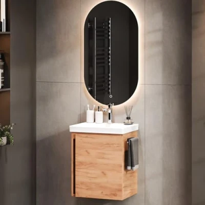Image de Planetmöbel Meuble sous lavabo en chêne doré 50cm avec &amp; Miroir, Ensemble de Meubles Salle Bain pour WC invités