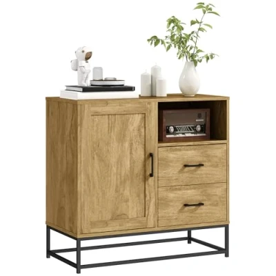 Image de HOMCOM Buffet Salon Meuble de Rangement Style Moderne avec 2 tiroirs, Compartiment Ouvert et étagère réglable Salle à Manger, Cuisine Salon, dim. 80 x 40 78 cm, Bois Naturel