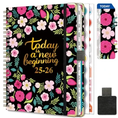Image de Gumiho Agenda Semainier 2025 2026 Spirale A5 Scolaire (Juillet Juin 2026) 12 Mois Planner Avec boucle de stylo,Règle Signet &amp; Autocollants plan (Rose)