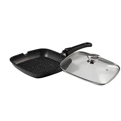 Image de Pradel Excellence 52382M Poêle Grill 24 x cm &quot;Façon Pierre&quot; en Fonte d&#039;Aluminium avec Couvercle Verre, Noir