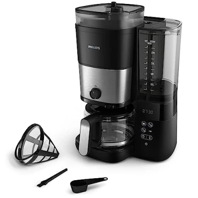 Image de Philips Cafetière Filtre Tout en 1 Broyeur Conique Intégré pour des Grains Frais Préparez dans un Pichet Verre de 1,25 l ou Directement une Tasse