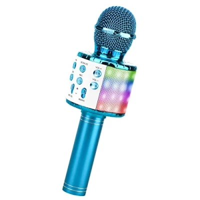 Image de ShinePick Microphone Karaoke sans Fil, Micro Karaoké Bluetooth Portable avec LED Lumière Disco pour Enfants/Adultes Chanter, Compatible Android/iOS/PC/Smartphone (Bleu)