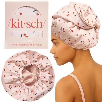 Image de Kitsch Bonnet de douche luxe pour femme réutilisable, imperméable, doublé en satin flexible, antidérapant, séchage rapide, réglable, élégant cheveux longs et courts Imprimé cerise