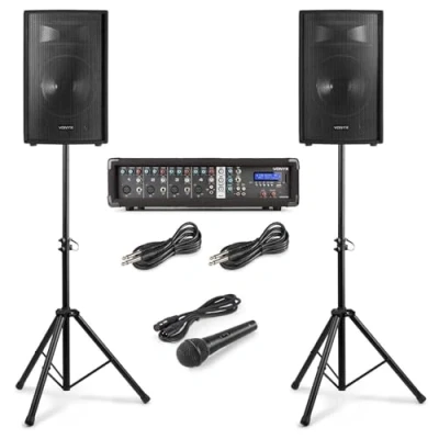 Image de VONYX VX210 Système de Sonorisation Complet Bluetooth 800 Watts, avec Trépieds Réglables, Table Mixage Amplifiée, 2 Enceintes, Câbles, Microphone, Idéal pour Animer Vos Soirées
