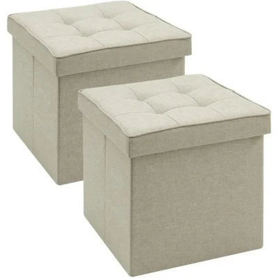 Image de WOLTU Lot de 2 Tabouret Cube Rangement Repose Pieds Pliant,Couvercle Amovible siège en Lin, 37,5x37,5x38cm (L x L H), Beige