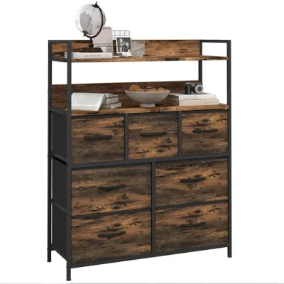 Image de Meuble de rangement commode HOMCOM 7 tiroirs en tissu pliables et amovibles étagères ouvertes, brun rustique