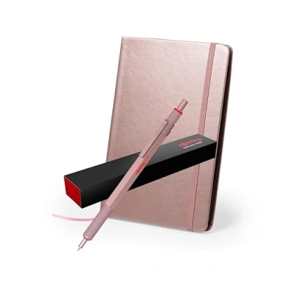 Image de rOtring Stylo à bille métallique 600 + carnet Pointe moyenne Corps or rose avec poignée moletée antidérapante Rechargeable