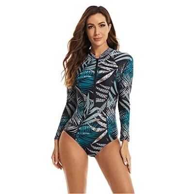 Image de BEACHKINI Combinaison de Surf Zippée pour Femmes Maillot Bain à Manches Longues Une Pièce Décontracté, 38 Bleu, XXL