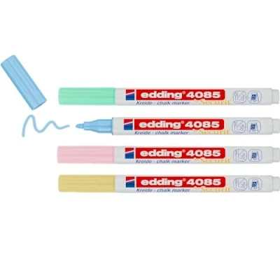 Image de edding 4085 Marqueur craie liquide pastel étui de 4 feutres 1 2 mm feutre effacable pour écrire sur les vitres,le verre ardoise aux couleurs opaques