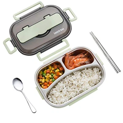 Image de amropi Bento Box Lunch en Acier Inoxydable avec 2/3/4/5 Compartiments Baguettes, cuillère pour Enfants Adultes, Passe au Lave Vaisselle (Vert, 3 Compartiments)