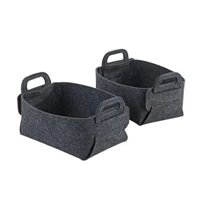 Image de WENKO Corbeille en feutre Nina S, kit de 2 paniers rangement à base polyester recyclé, corbeilles pliables compactes avec poignées, contenance 2,4 l chacune, 19 x 14 9 cm, gris foncé