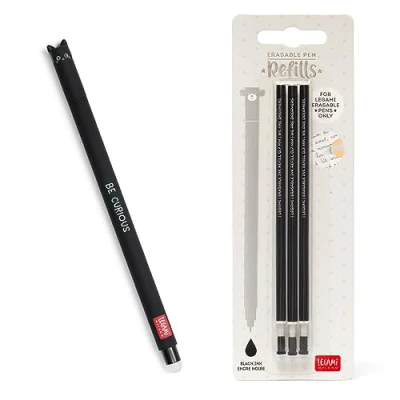 Image de LEGAMI Set de 1 Stylo Gel effaçable et 3 Recharges, Thème Chat Noir, Bille à l&#039;Extrémité pour Enlever l&#039;Encre, Encre noire Thermosensible, Diamètre la pointe 0,7 mm