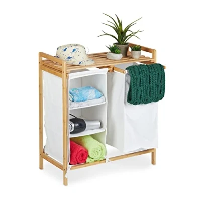 Image de Relaxdays Panier à Linge avec étagère, Structure Bambou, Rangement, HLP : 73,5x64,5x33 cm, 3 Compartiments, Nature Blanc