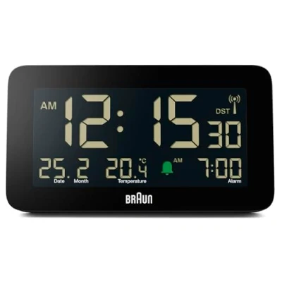 Image de Braun Réveil Radio piloté pour Les fuseaux horaires d&#039;europe Centrale (DCF) avec Affichage de la Date, du Mois et température, Alarme Crescendo, modèle BC10B DCF Noir.