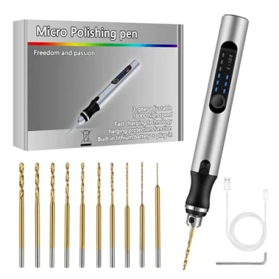 Image de Comius Sharp Mini Stylo Perceuse Électrique, 3 Vitesses, avec 10 Foret Hélicoïdal (0.6 2.2 mm), USB Rechargeable, Outil Bricolage Portable pour Résine, Plastique, Bois, Circuit Imprimé, Cuir