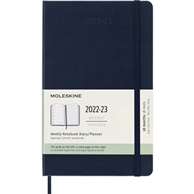 Image de Moleskine Agenda Hebdomadaire 18 Mois, 2022/2023, Carnet de Notes avec Couverture Rigide et Fermeture Élastique, Taille Large 13 x 21 cm, Couleur Bleu Saphir