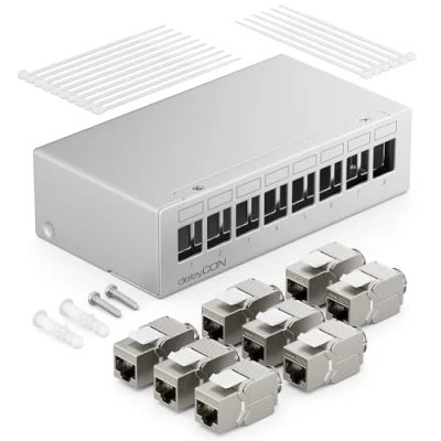 Image de deleyCON Panneau de Brassage 8 Ports Kit Distribution 1U + 8x RJ45 Modules Keystone Jack STP CAT6a Compatibles avec Câble Fixes CAT5 CAT6 CAT7 Câbles Réseau Ethernet LAN DSL Gris