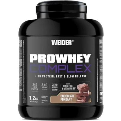 Image de Weider ProWhey Complex (1,2kg) Goût Chocolat Fondant. Formule à base de Concentrés et Isolat Protéine Lactosérum + Caséinate, 3,4g BCAA/dose, Créatine, L Glutamine, MCT, Vitamine B6, Bromélaïne