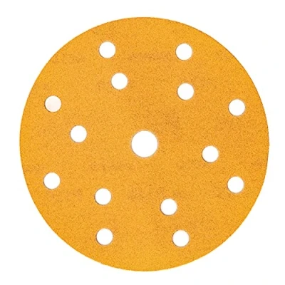 Image de Mirka Gold Papier abrasif universel Ø 150mm Disques abrasifs autoagrippant 15 trous, grain P180, 100 pces / Pour poncer le plâtre, l&#039;enduit, les panneaux de particules, bois, la peinture