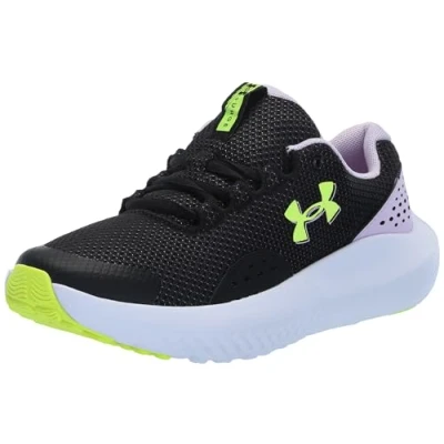 Image de Under Armour UA GGS Surge 4 Chaussures de sport pour filles, bakets légères et respirantes, couleur noir/violet clair/jaune fluo