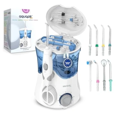 Image de Aquapik® PRO Jet Dentaire Élimine la Plaque + Recommandé par des dentistes Protège vos Implants et Appareils Dentaires Irrigateur avec 8 Embouts 10 Niveaux de Pression Réservoir 600 ml