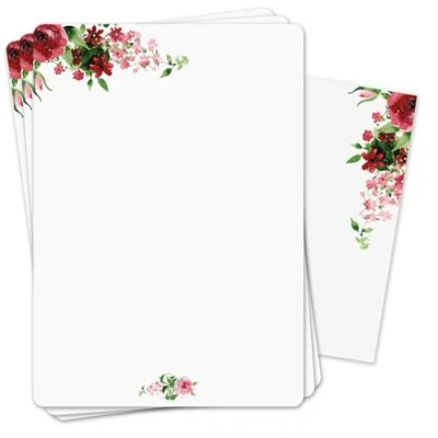 Image de dv_1519 Lot de 50 feuilles Papier à lettre motif rose avec enveloppes I 90 g/m² Format A4 Coins arrondis Élégant polyvalent Anniversaire Certificat Menu
