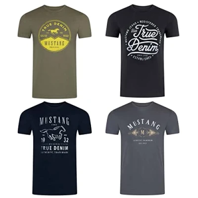 Image de MUSTANG Lot de 4 t shirts pour homme Imprimé sur le devant Col rond Manches courtes 100 % coton Noir Blanc Gris Bleu Vert S M L XL XXL 3XL 4XL 5XL 6XL, Mélange couleurs (P25),