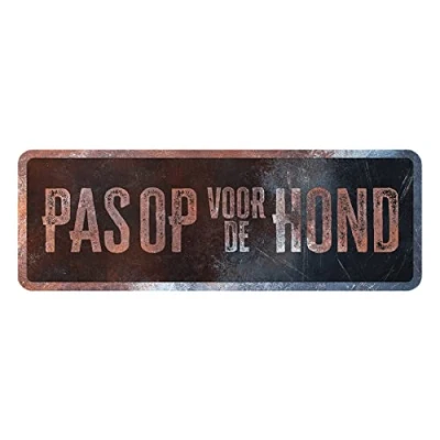 Image de D&amp;D Home, Panneau d&#039;avertissement Attention au Chien, 40x13x0,3 cm, Version néerlandaise, Fond Noir, en métal résistant à la Rouille avec Un Texte Amusant