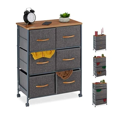 Image de relaxdays 10026619_492 Armoire roulettes, Tiroirs en tissu, Commode décorative, plaque effet bois, gris, acier, polyester, MDF, 74,5 x 58 30 cm