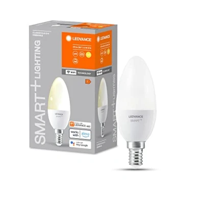 Image de LEDVANCE SMART+ WIFI LED lamp, frosted look, 4.9W, 470lm, candle shape (Classic B), E14 base, warm white light at 2700K, dimmable, app or voice control, life of up to 20,000 hours