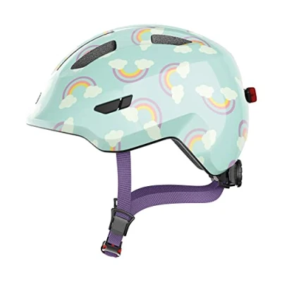 Image de ABUS Casque pour enfants Smiley 3.0 LED de vélo avec lumière ajustement profond &amp; place une tresse filles et garçons bleu clair motif arc en ciel, taille M