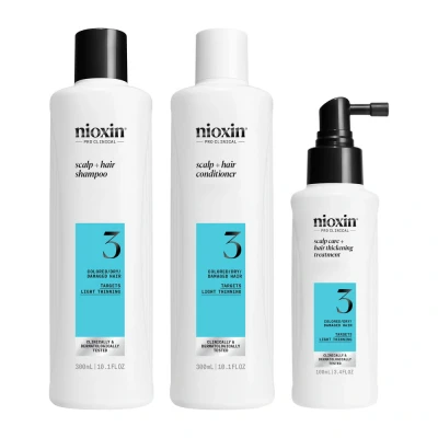 Image de Nioxin Scalp + Hair Thickening System 3 Shampoing, Après Shampoing &amp; Soin pour Cheveux Colorés, Secs et Abîmés, Chute Modérée (300+300+100ml)