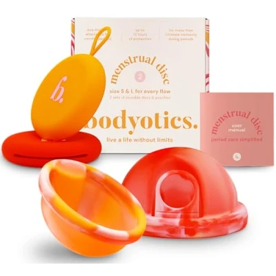 Image de Disque menstruel réutilisable, paquet de 2 tailles S et L Plus doux que les coupes menstruelles confortable avec 12 heures d&#039;utilisation (rouge orange)