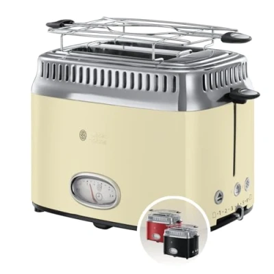 Image de Russell Hobbs Grille Pain [Design Vintage Premium] Retro Crème (2 Tranches, 6 niveaux de brunnissage rapide, Fonction annulation, décongélation &amp; réchauffage Viennoiserie, 1300W) Toaster 21682 56