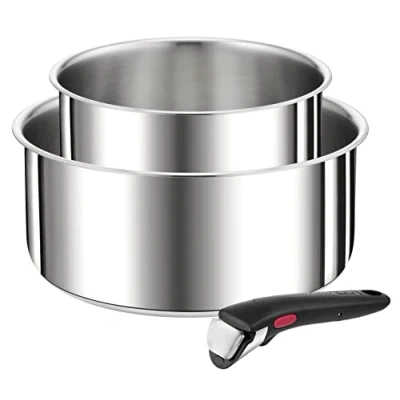 Image de TEFAL Ingenio Lot de 3 pièces, Casseroles 16/20 cm + poignée amovible, Empilable, Acier inoxydable, Induction, Polyvalence, Gain place, Preference L9739302, Argenté