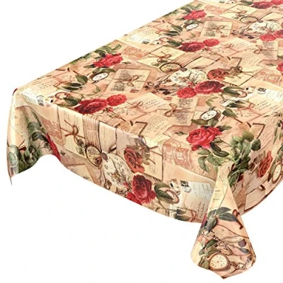 Image de Anro Nappe de table en toile cirée Motif maison campagne avec roses et lettres, Fibres synthétiques, Bord coupe, 120 x 140cm