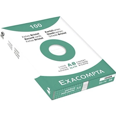 Image de Exacompta Réf. 3808B Carton de 48 paquets 100 fiches bristol lignées non perforées sous film format 55 x 74 mm couleur blanc