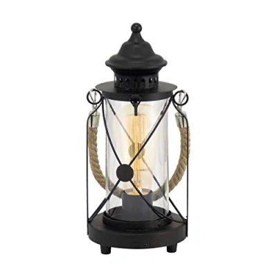 Image de EGLO lampe de table BRADFORD, à poser vintage flamme, lanterne, chevet en acier et tissu, couleur : noir, verre clair, douille E27, interrupteur inclus